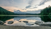 Trillium Lake at sunrise with Mt Hood in background 