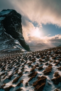 Tufts of grass and rugged cliffs at the edge of Kalsoy Faroe Islands 