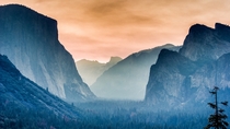 Twilight on a foggy morning Yosemite Valley CA 