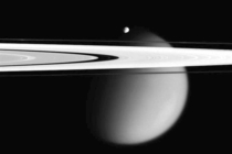 Two of Saturns rings A and F and two of its moons Epimetheus and Titan taken by Cassini Credit NASAJPL