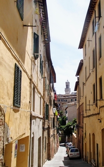 Typical street in Siena Italy with the top of the Torre del Mangia seen in the distance