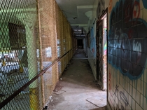 Upper deck hallway of the laundry building in an abandoned psych ward