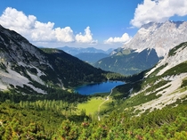 View from lake Drachensee to lake Seebensee and the Zugspitze in Tirol Austria 