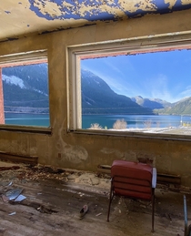 View from the bar in an abandoned hotel Ocean Falls BC