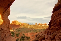 View from the double arch at Arches national park in Moab Utah at sunset   x 