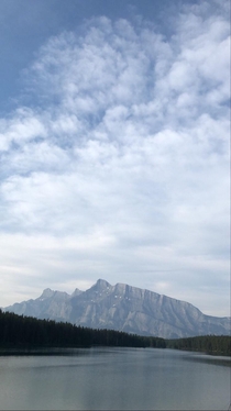 View of Castle Mountain from Two Jack Lake in Banff Alberta 
