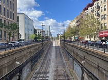 View of the Green line tracks near Northeastern University in Boston MA