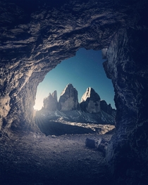 View on Tre Cime From The Cave in The Dolomites IT 