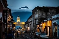 Volcano looms over the city of Antigua Guatemala