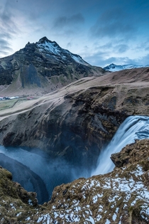 Waterfall and Mountains above Skgafoss Iceland 