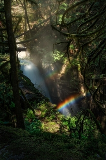 Waterfalls rainbows and lots of green in the North Shore Mountains Canada 
