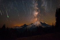 We counted over  Perseid Meteors and watched the Milky Way align over Mount Rainier as if it was erupting thousands of stars 