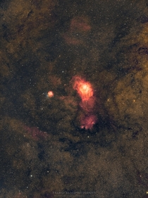 Wide-field view of Lagoon M and Trifid M Nebulae in HaRGB