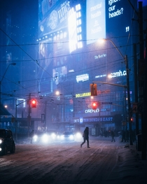 Winter nights in Dundas Square Toronto