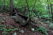 wrecked car at the bottom of a hill deep in the woods