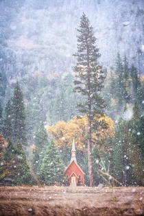 Yosemite Valley Chapel in an early winter hail storm 