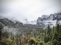 Yosemite valley with fog descending as seen from Tunnel view 